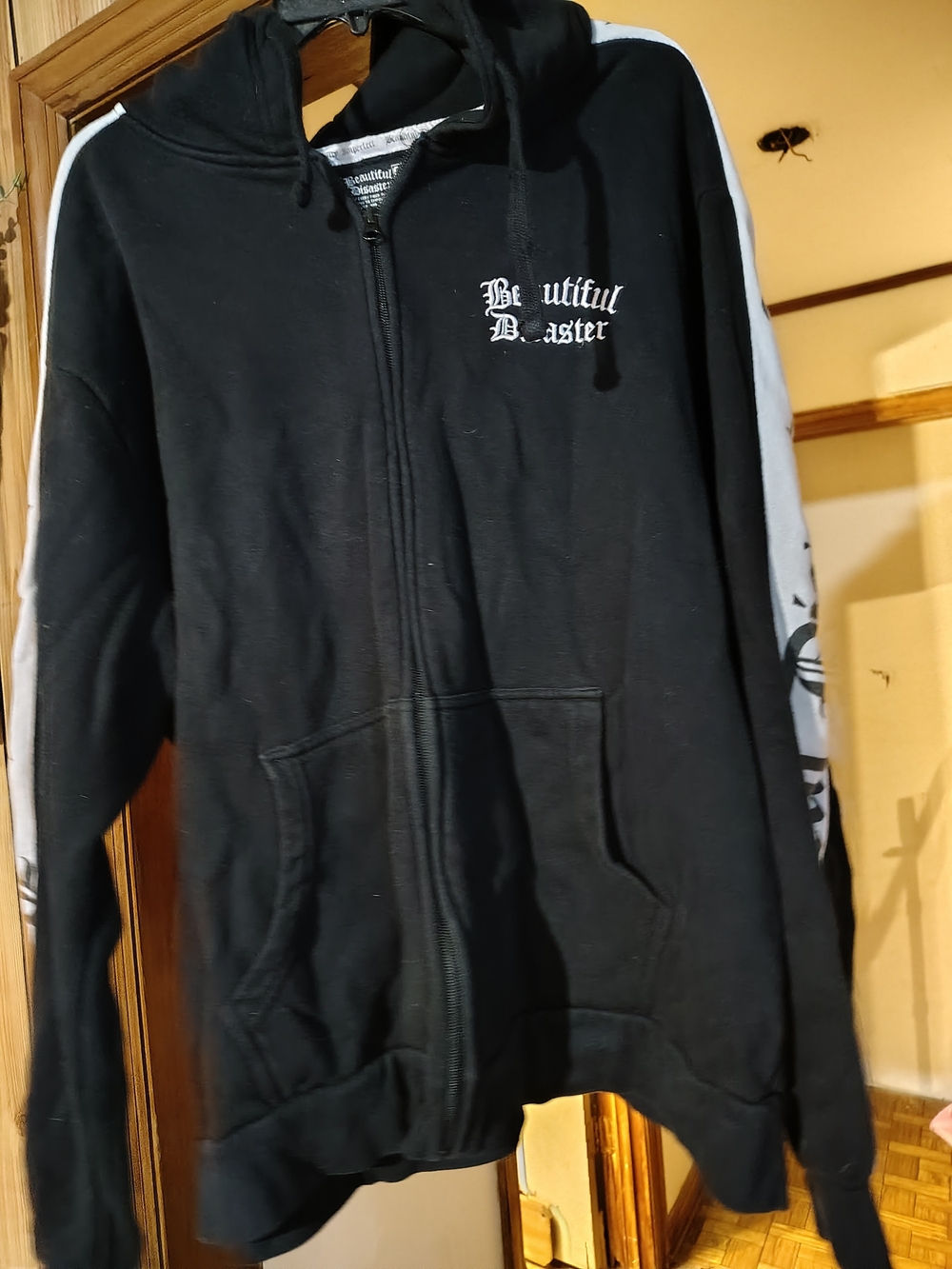Beautiful Disaster Black Zip-Up Hoodie with White Sleeve Accents